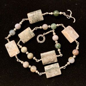 Handcrafted 925 Sterling and Green Jasper rectangular & round beads. 18.5”L